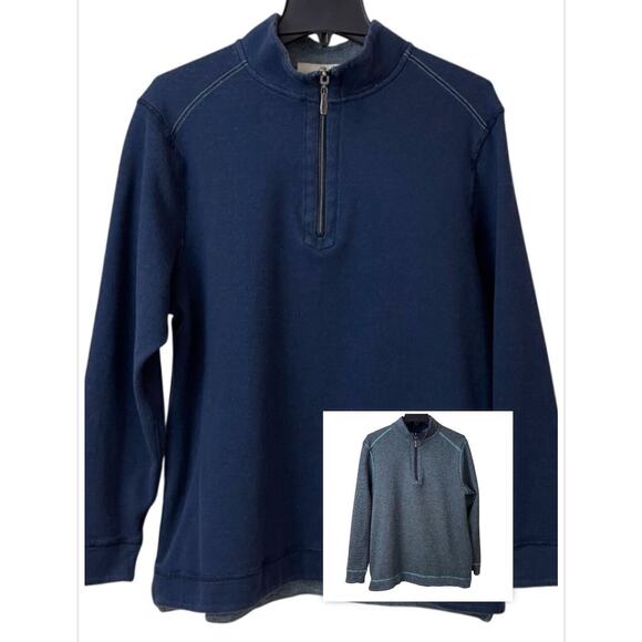 Tommy Bahama 1/4 Zip Sweater Mens M Blue Gray Reversible Pullover Embroidered - Picture 1 of 12